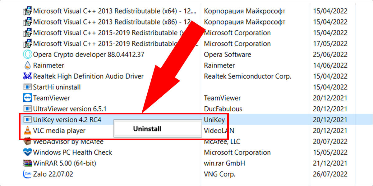 Nhấp chuột phải vào phần mềm bạn muốn gỡ đi và chọn Uninstall