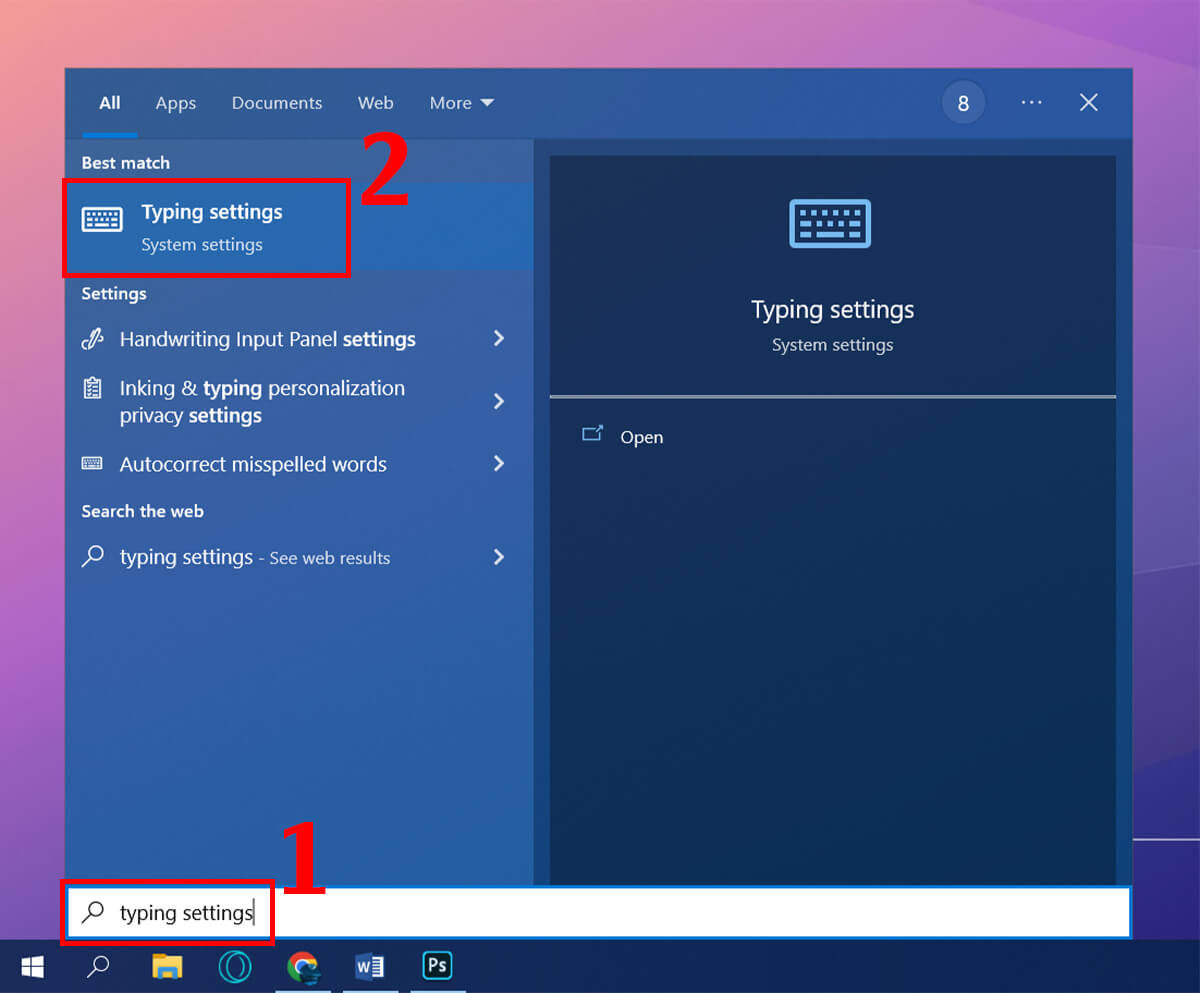 mở Typing settings