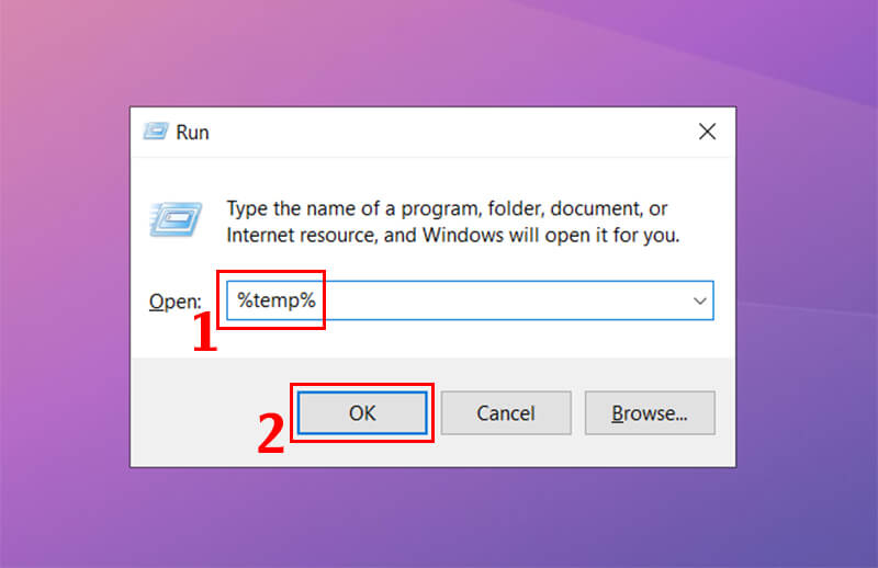 Nhấn tổ hợp phím Windows + R sau đó nhập %temp% và chọn OK