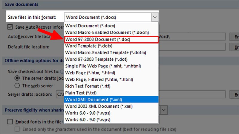 Ở dòng Save files in this format > Chọn Word 97-2003 Document (*.doc).