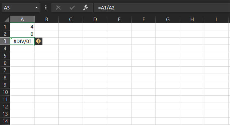 Lỗi chia cho giá trị 0: #DIV/0!
