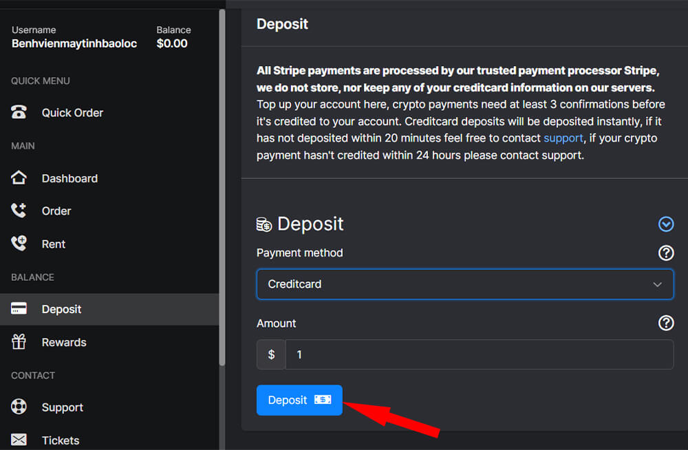 Sau khi chọn phương thức thanh toán mà bạn muốn hãy nhập 1 (nạp vào 1 USD) vào ô Ammount rồi chọn Deposit