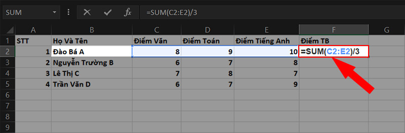 Cách tính trung bình bằng hàm Sum trong Excel
