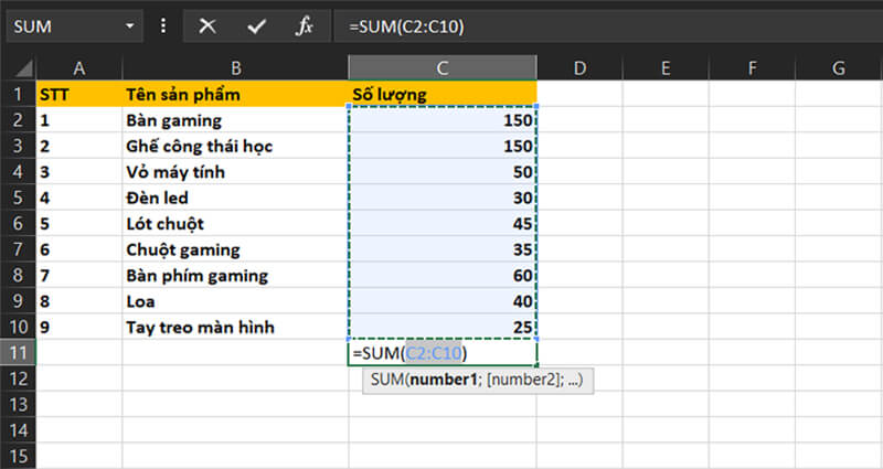 Excel sẽ tự động chọn các ô phía trên của cột đó và hiển thị tổng tại ô bạn đã chọn.