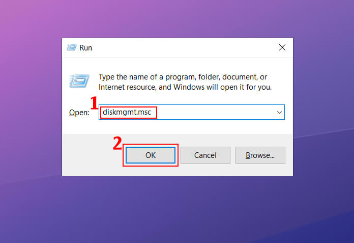 Nhấn tổ hợp phím Windows + R để mở cửa sổ lệnh Run, sau đó nhập diskmgmt.msc vào cửa sổ lệnh Run rồi nhấn Enter.