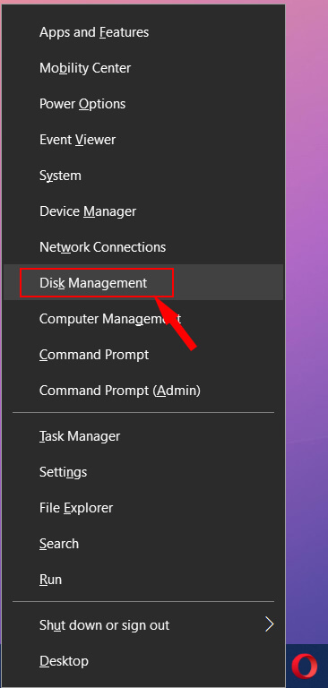 Nhấn tổ hợp phím Windows + X, sau đó click chọn Disk Management.