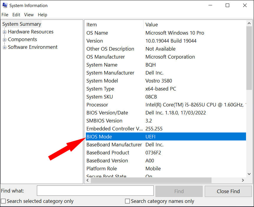 Trên cửa sổ System Information, ở khung bên phải mục System Summary, bạn sẽ nhìn thấy giá trị BIOS Mode là Legacy hoặc UEFI.