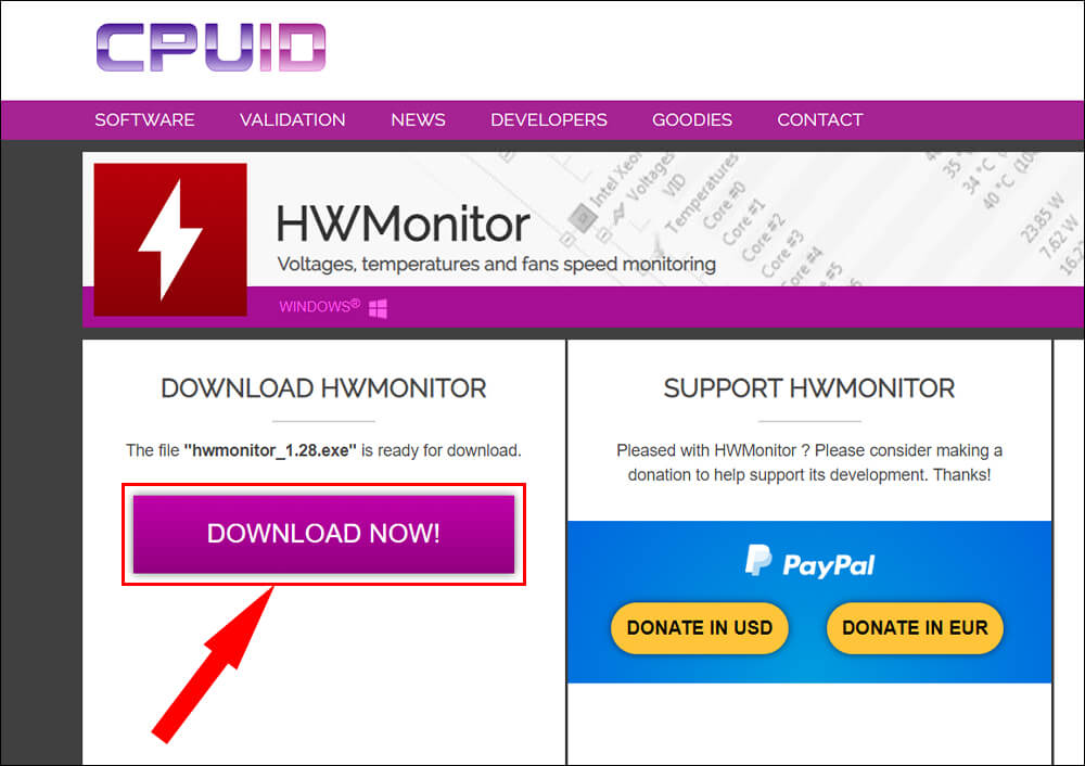 Truy cập vào trang chủ CPUID HWMonitor, nhấn Download Now để tải xuống.