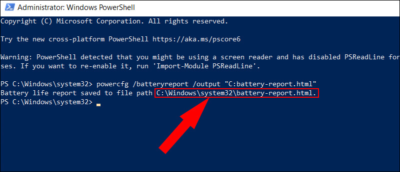 tệp báo cáo pin có tên là battery-report.html và được lưu tại ổ C.