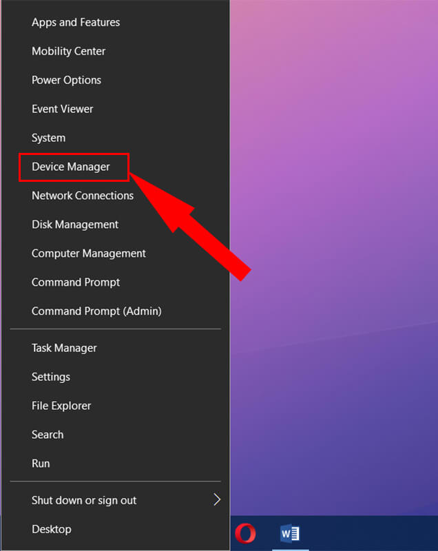 Nhấn tổ hợp phím Windows + X > Chọn Device Manager