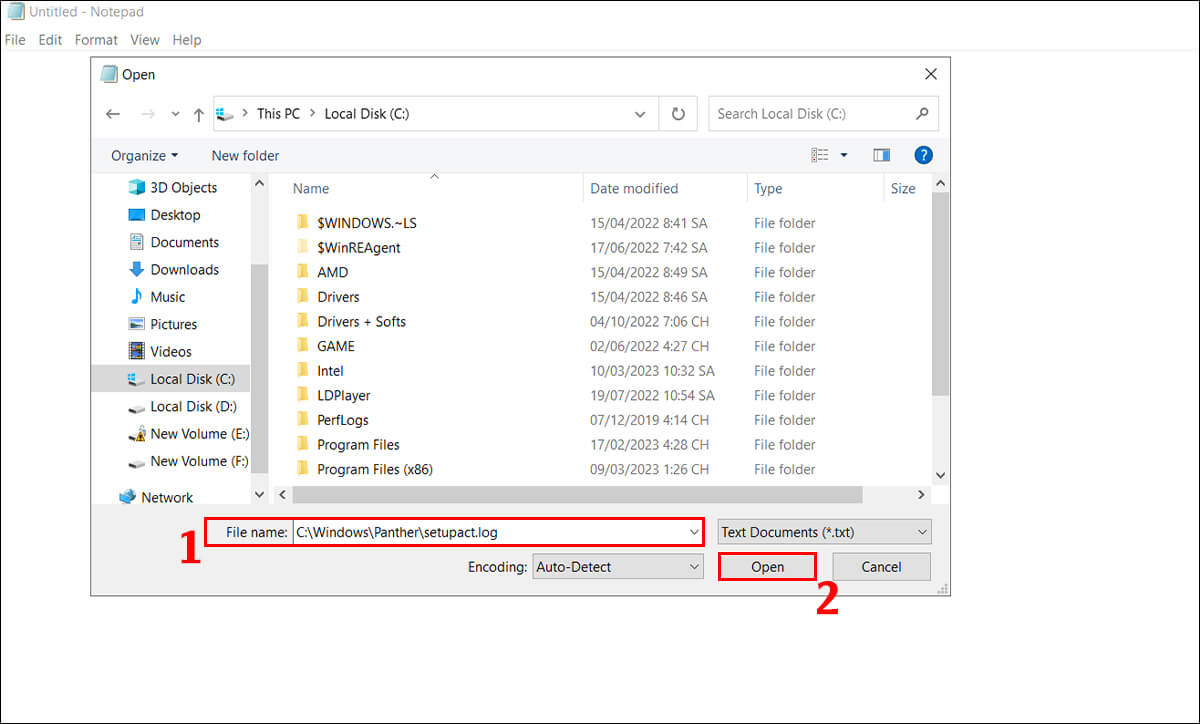 Sau khi giao diện Notepad hiện ra, bạn nhấn vào File > Open rồi copy C:\Windows\Panther\setupact.log vào khung File name.