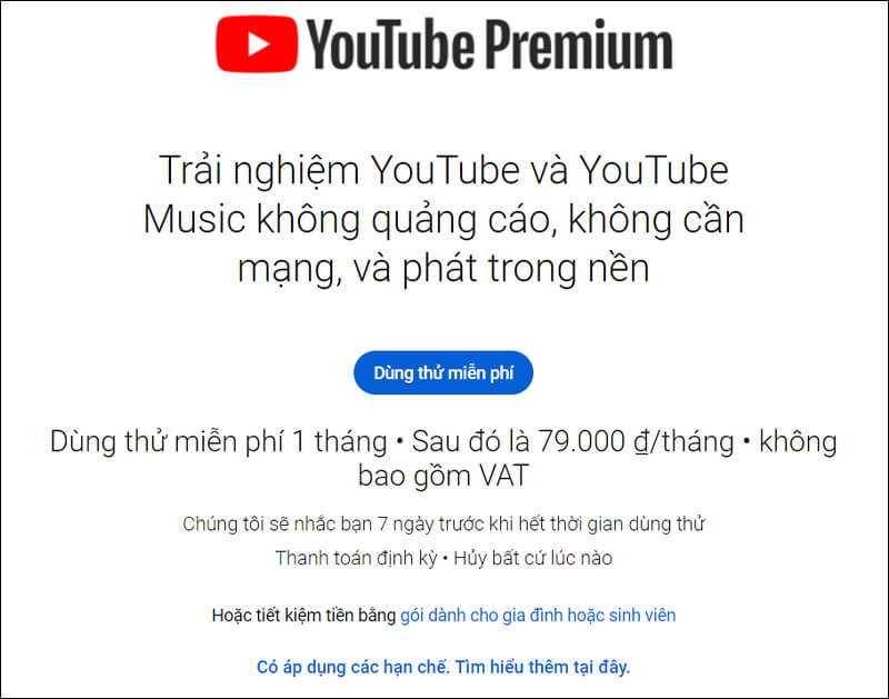Chi phí của gói YouTube Premium